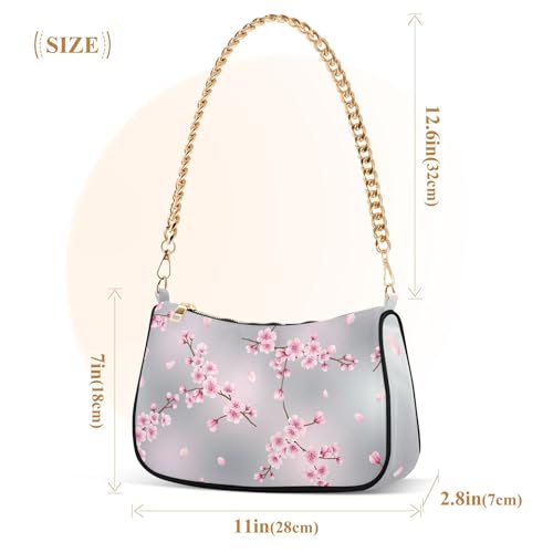 Pink Floral Cherry Blossom Flowers Tote Handbags Womens Ladies Shoulder Bag Floral Evening Clutch Purse Zipper Closure Chain Strap3