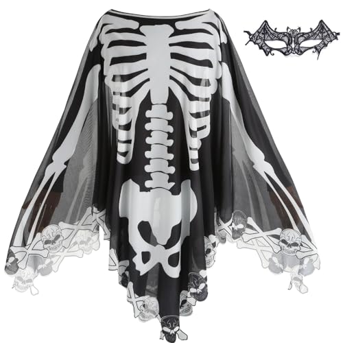 maxToonrain Halloween Ghost Costume Lace Skeleton Poncho Ghostly Spirit Day Of The Dead Scary Fancy Dress with Bat Mask 150x150CM(Skull and Bone, Black)
