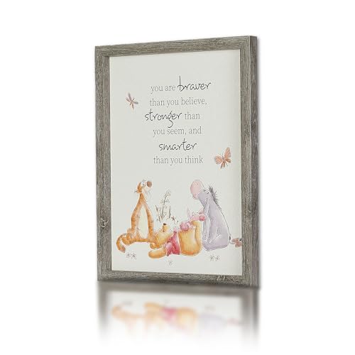 Image of POP Creations Winnie the Pooh Framed Wall Art, 16"x20" Braver and Smarter Woodgrain Art, Inspiring Home and Office Disney Artwork for Walls