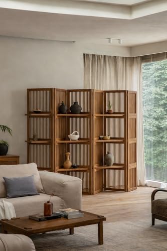Image of Wooden Partition Divider for Living Room, Partition Wall, Privacy Divider, Freestanding Folding Panels for (6 Feet 6 Panel with 3 Shelves) (6 Feet 6 Panel Teak Brown)