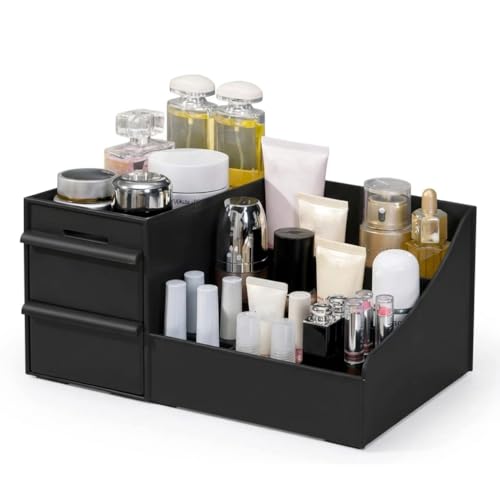 Image of INOVERA Makeup Organizer with Drawers | Countertop Cosmetics Display Case for Dressing Table | Vanity storage Holder Box (Black)