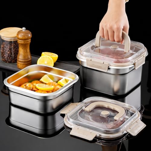 Image of Stainless Steel 2600ml Food Storage Container /Bento Lunch Box with Airtight Lid & Handle | Leakproof, Fridge & Freezer Safe Meal Prep Container for Fruits, Vegetables, Meat & Leftovers