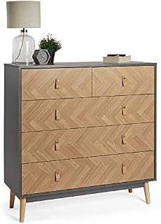 VonHaus Herringbone Chest of Drawers - Grey & Wood Effect 5 Drawer Dresser - Scandi Nordic Style Bedroom Drawers - Modern Clothes Storage Cabinet for Bedroom w/Tapered Legs & Faux Leather Tab Handles