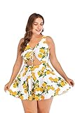 ESPRLIA Plus Size Floral Print Halter Swimwear One Piece Pin up Tankini Swimwear Yellow