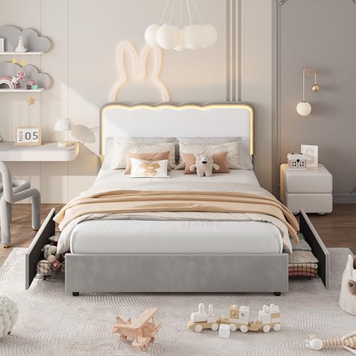 Image of Garvee Irregular Wave LED 2-Drawer Soft Upholstered Bed, Soft Padding
