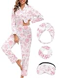 MORFORU Silk Pajamas for Women Set Satin Pajama Silk Pjs with Sleep Mask Headband Scrunchie Button Down Sleepwear Lounge Set (Deep pink Chinese style,L)