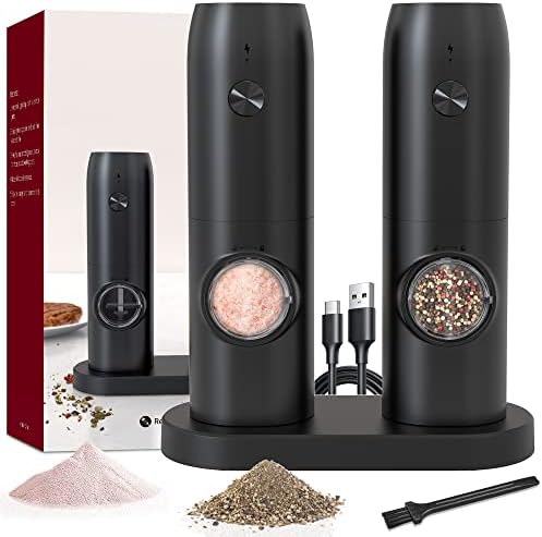 Electric Salt and Pepper Grinder Set of 2,automatic pepper mill,USB rechargeable,Adjustable Coarseness,One-handed operation,ceramic burr,refillable,Auto grinders with charging base LED light