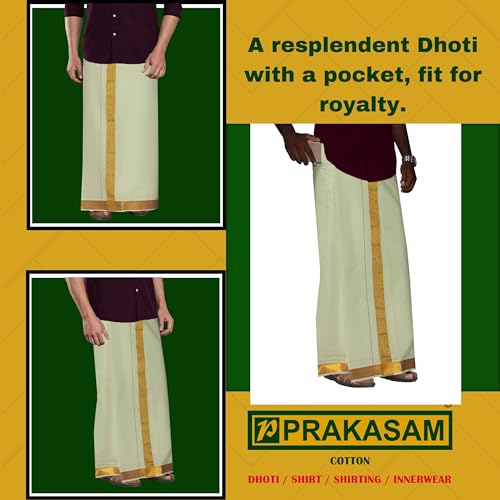 Image of PRAKASAM COTTON Velcro Pocket Dhoti for men, 2 inch Jari Border Mundu, Readymade Dhoti for men, South Indian Veshti