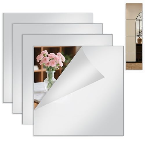 Coco Berming 4 Pièces Miroir Adhésif Mural, 20 X 20 cm Miroirs Autocollants Muraux en Acrylique, Mirroir Murales Chambre Salle de Bain Salon Toilette pour...