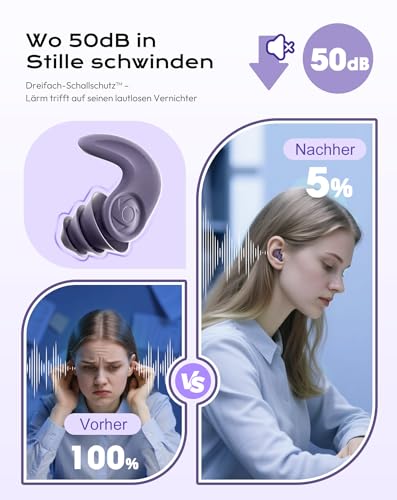 Ohrstöpsel zum Schlafen Gegen Schnarchen & Lärm - Ohrstöpsel Schwimmen Rutschfester Sitz für Seitenschläfer, Schwimmen und Sport - Ideal für Reisen, Büro und Bewegung Lila