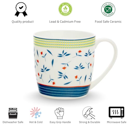Image of Clay Craft Premium Ceramic Tea & Coffee Mugs Set of 6 - White Cups with Blue Floral Print & Yellow Striped Border | Elegant Designer Pattern | Ideal for Home, Office & Gifting