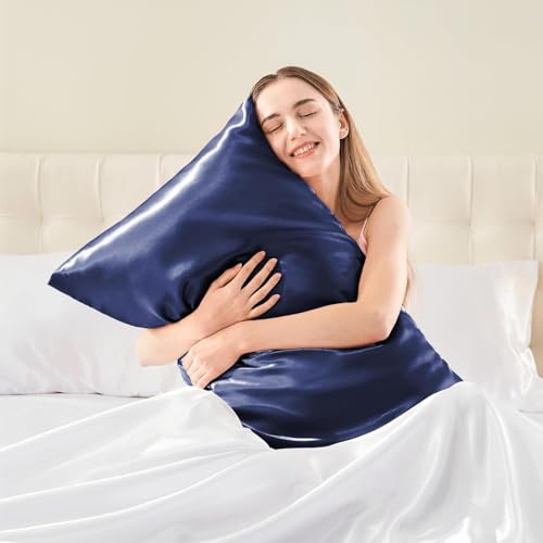 Image of Go Well Satin Bonnet for Curly Hair with Free Silk Pillow Covers and Scrunchies | Silk Bonnet for Hair | Combo of Pack of 2 Satin Pillowcases with 3 Silk Scrunchies Adjustable HairCap (Nevy Blue)