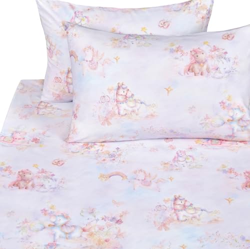 Image of Scientific Sleep Pastel Unicorn Pony Horse Flower Fairy Tale Cute Adorable 100% Cotton Bed Sheet Set Kids Boys Girls Teen, Flat Sheet & Fitted Sheet & Pillowcase Bedding Set (Pretty Pony, Full)