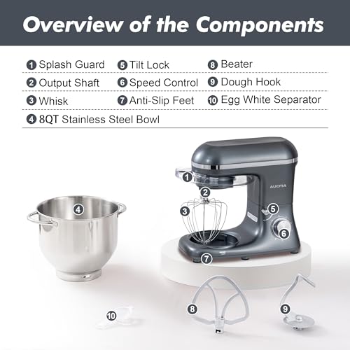 Image of Aucma Stand Mixer,8QT 900W Tilt-Head Food Mixer, Kitchen Electric Mixer with Dough Hook, Wire Whip & Beater (Gray, 8QT)