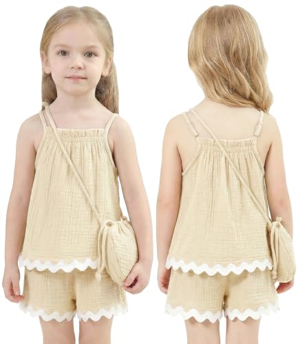 grehava Toddler Baby Girl Clothes 3 Piece Summer Outfit Tank Top Shorts Matching Bag Beige 24M — view 2