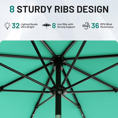 Image of AreShark 9FT Patio Umbrella with Solar Lights, 32 Lighted Pool Umbrella w /Tilt and Crank, Outdoor Market Solar Umbrellas for Garden, Deck, Backyard, Pool and Beach, Cerulean