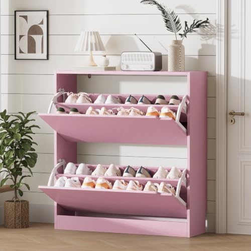 Image of Xixini Shoe Storage Cabinet for Entryway with 2 Flip Drawers, Wood Freestanding Hidden Shoe Storage, Narrow Slim Sturdy Shoe Organizer for Front Door Entrance, Living Room, Hallway, Bedroom, Pink