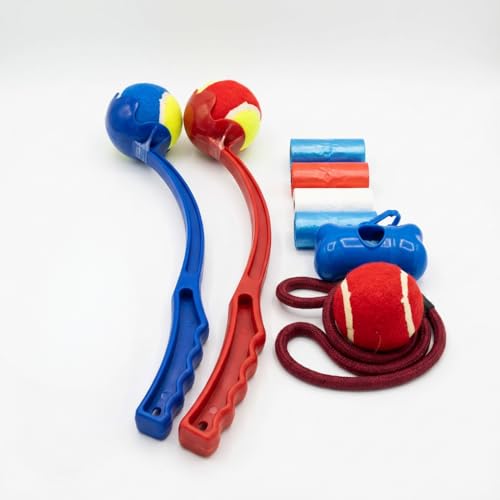 ANIPETIA Lanzador de Pelotas para Perros, Kit Juego y Paseo con 2 lanzadores 38 cm, Pelota con Cuerda Compatible 50 cm, dispensador con 60 Bolsas 30x22 cm