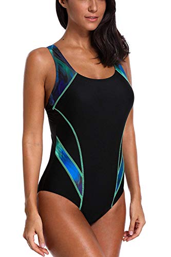 CharmLeaks Womens One Piece Competitive Swimsuit Modest Swimwear Athletic Swimsuits, Green/Black, X-Large