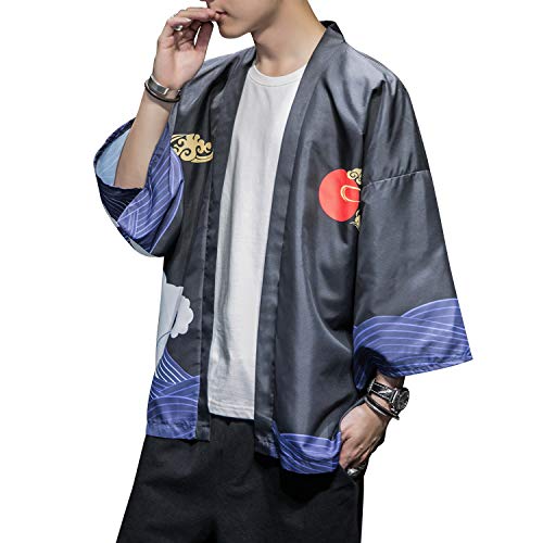 Image of PRIJOUHE Men's Japanese Kimono Cardigan Jackets Casual Long Sleeve Open Front Coat Lightweight Yukata Outwear