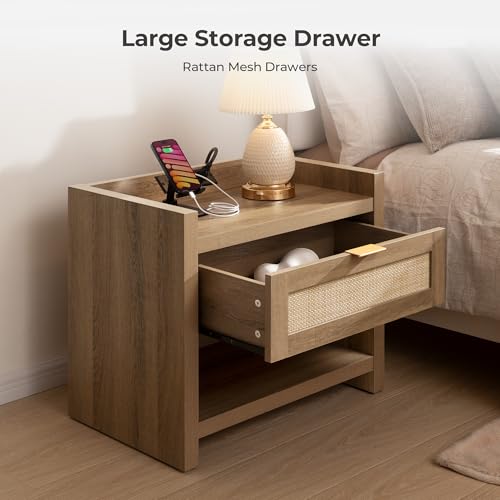 Image of SICOTAS Night Stand Bed Side Table - Rattan Nightstand with Type-C Charging Station,Drawer Storage End Table - Boho Bedside Night Stands for Bedroom - Natural Oak