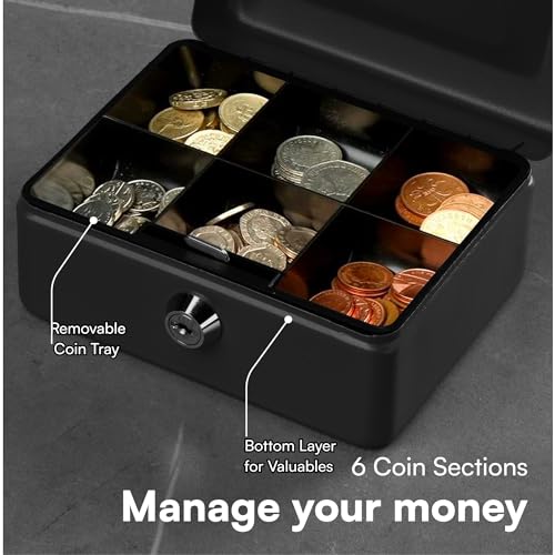 H&S Petty Cash Tin Steel Money Safe Box with Lock 2 Keys - Alloy Steel Button control Black Cash Box with Lock for Money Saving