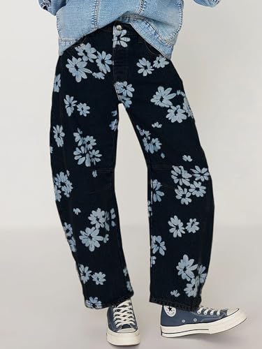 CHARTOU Floral Barrel Jeans Women Y2k Baggy Wide Leg Pants Patchwork Boyfriend Cargo Printed Denim Jeans4