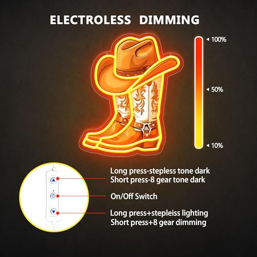 Image of Cowboy Boot with Hat Neon Signs for Wall Decor, Western Cowboy LED Sign Light Up, Dimmable Neon Light for Game Room Man Cave Bedroom Bar Party Birthday Gifts