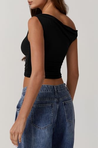 QINSEN Womens One Shoulder Sleeveless Basic Top Double Lined Slim Fit T Shirt Cropped Tee2