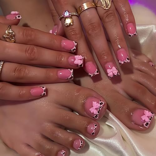 Image of 48 Pcs Leopard print Press on Nails & Press on Toenails Set French Tip Fake Nails Bow Glue on Toe Nails Glossy Full Cover Artificial Acrylic Short Square Stick on Nails for Women Manicure