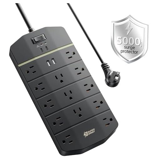 Power Strip,SUPERDANNY 5000 Joules Surge Protector with 13 AC Outlets 2 USB-A & 2 USB-C PD 20W Fast Charging Heavy Duty 14AWG/3C Industrial Grade Extension Cord for Workbench Home Office Black
