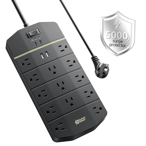 Power Strip,SUPERDANNY 5000 Joules Surge Protector with 13 AC Outlets 2 USB-A & 2 USB-C PD 20W Fast Charging Heavy Duty 14AWG/3C Industrial Grade Extension Cord for Workbench Home Office Black
