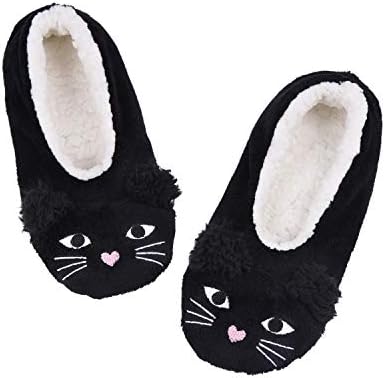 DICUIRD Womens Slipper Socks Low Cut Comfy&Warm Animal Non-skid Bedroom Slippers(Black Cat, 5-7.5)