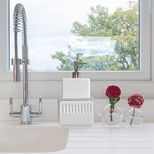 Karisky Dish Soap Dispenser with Sponge Holder, Matte Ceramic Hand Soap Dispenser for Kitchen Sink, 2 in 1 Modern Liquid Soap Dispenser Pump for Kitchen Countertop, Bathroom, White
