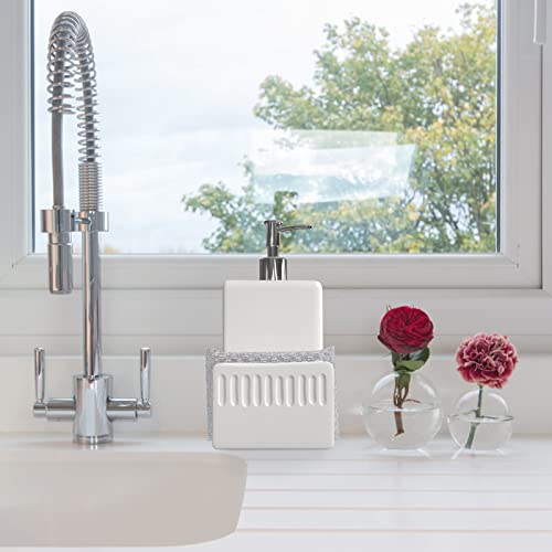 Karisky Dish Soap Dispenser And Sponge Holder, Matte Ceramic Hand Soap Dispenser For Kitchen Sink, Farmhouse Liquid Dispenser Pump For Kitchen Countertop, Bathroom, White, 4 X 7.8 Inch #TOP1