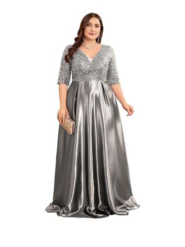 Plus Size Satin Evening Gowns Women Formal for Prom Party OR Wedding Long Sleeves V-Neck Mother of The Bride Dress Metallic Grey 2XL