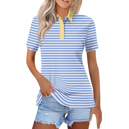 OCCSIK Shirts for Women Trendy Summer Short Sleeve Golf Shirts for Women Fashion Lapel Short Sleeve Summer Tops Striped Polo Collar Blouses Button Casual Tshirts Large 03-Light Blue