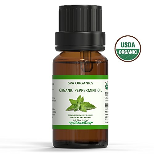 SVA Organic Peppermint Essential Oil Organic 1/3 Oz USDA 100% Pure Natural Undiluted Premium Therapeutic Grade Oil for Aromatherapy, Diffuser, Hair, Skin, Lips Care, Massage