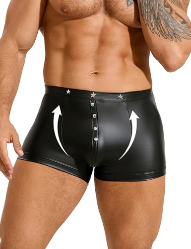 Erotische Boxershorts für Herren PU Leder Sexy Unterwäsche für Mann Dessous Männer Sexy Reizwäsche sissy Punk Unterhose Große Größen Ledershorts mit Beutel Rave Outfit Clubwear Kurz Briefs Schwarz,M