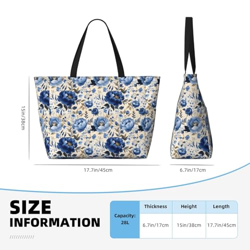 Large Beach Bags for Women Sandproof - Blue Peony Flower Print Summer Work Travel Tote Bags with Zipper2