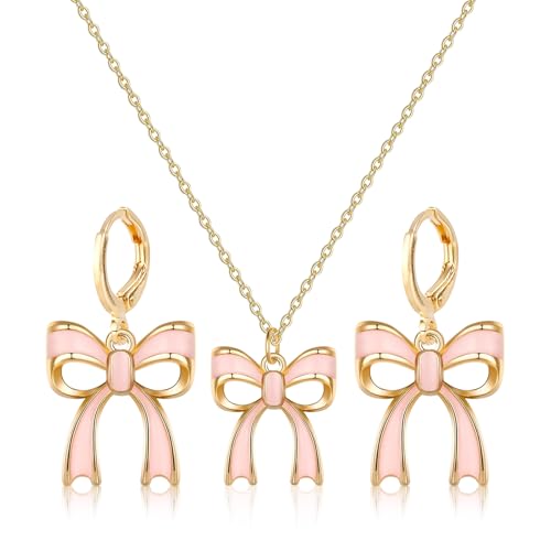 LANWLOSI Conjunto de joias com laço rosa para mulheres na moda colar com pingente de laço fofo brincos pendentes de festa de Natal acessórios de joias femininas presentes de Natal, Zinco, Sem Pedra