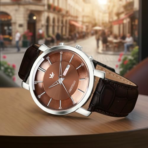 Image of CRESTELLO Brown /Green /Black Leather Strap Analog Wrist Watch with Day-Date Display for Men (Silver /Green /Brown /Black Dial) | CR-WT210