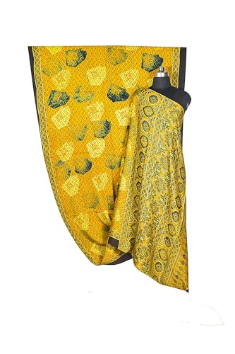 Image of Ethnics of Kutch Ajrakh Modal Silk Saree For Women | Natural Dye Hand Block Print |With Unstitched Blouse Piece | 5.5 Mtr Length (Yellow 27A01I)