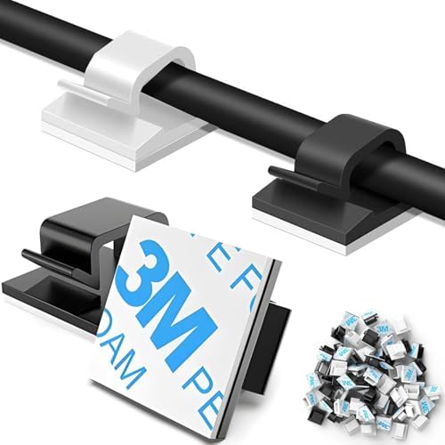 100 PCS Adhesive Cable Clips Wall Wire Holder, Strong Cord Clips, Cord Organizer Durable Strong Cable Wire Management for Car, Office and Home (Black+White)