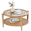 Rustown rattan round coffee tables 2 tier sofa table with rattan tempered glass top and wood legs accent side coffee table for living roomnatural  urban country home decor