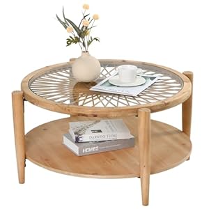 RUSTOWN Rattan Round Coffee Tables 2 Tier Sofa Table with Rattan Tempered Glass Top and Wood Legs Accent Side Coffee Table for Living RoomNatural