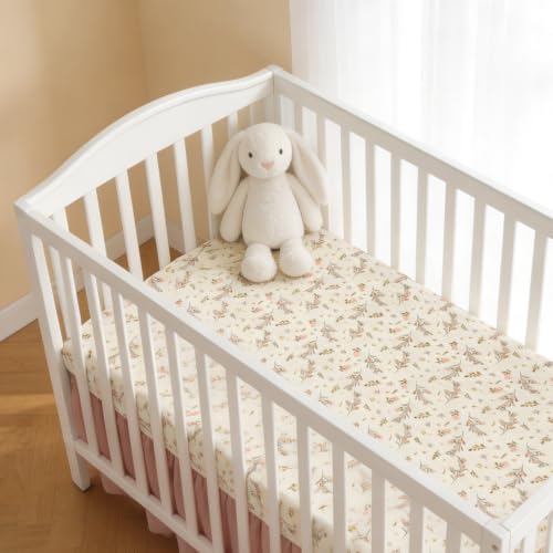 Image of Organic Cotton Muslin Baby Crib Bedding Set 3 Piece Soft for Infant Newborn Toddler Boys Girls 52 inchx28 inch, Nursery Bed Quilt Set Decor with Fitted Crib Sheet, Floral Quilted Comforter Blanket, Bed Skirt