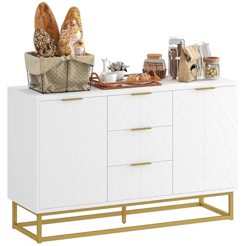 HOMCOM Aparador Moderno Aparador para Salón con 3 Cajones 2 Puertas y Estante Ajustable Mueble Auxiliar para Salón Antivuelco 120x40x76 cm Blanco