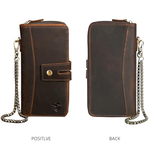 Image of Genuine Crazy Horse Leather Travel Gift Coin Pocket Card Case Long Organizer Chain Rfid Wallet Purse With Snap For Men Male 1803 1815 (1814 Brown)