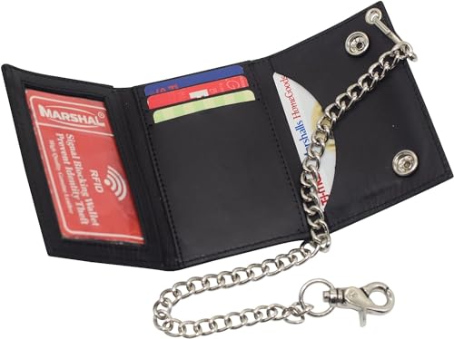 MARSHAL Men's Motorcycle RFID Blocking Trifold Biker Genuine Leather Steel Chain Wallet Snap closure (Motorcycle Blind)4